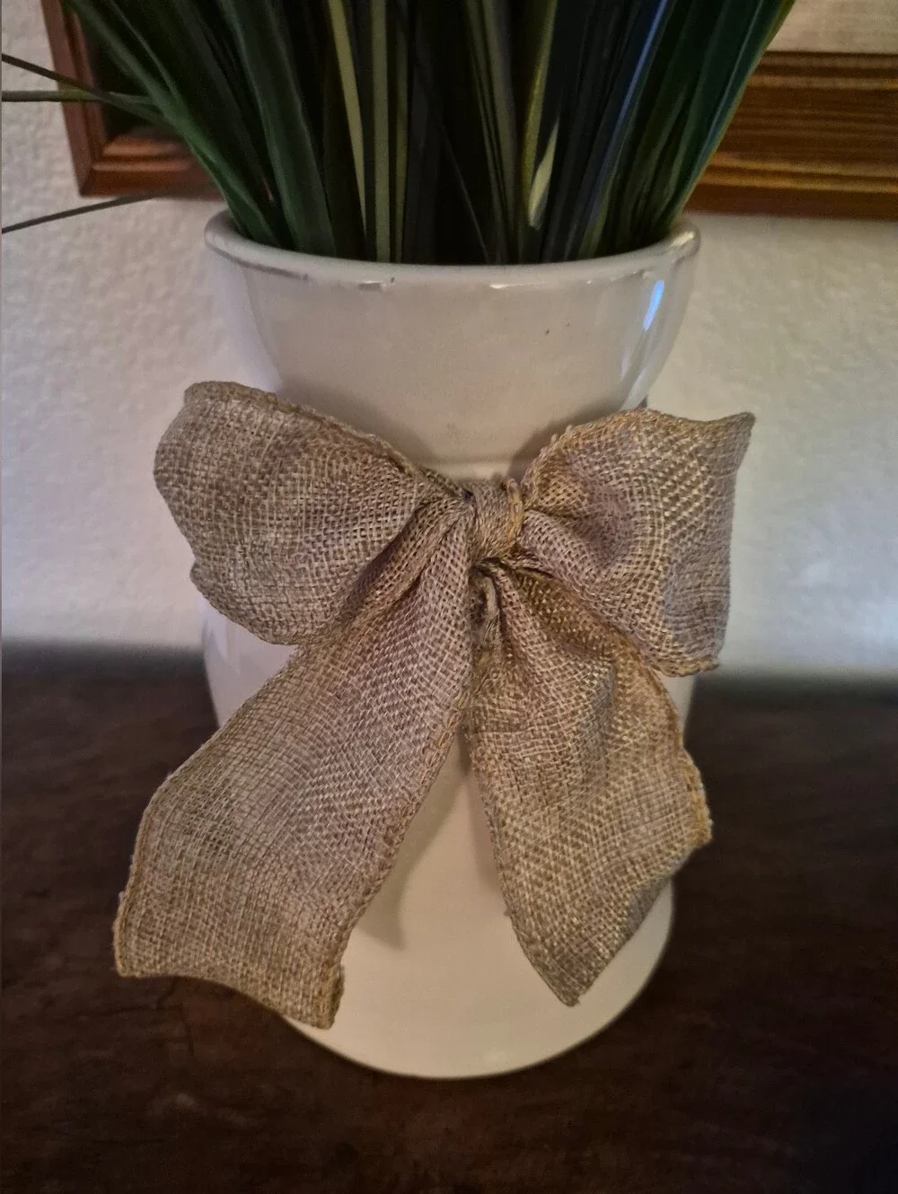 Neutral Ceramic Vase with Burlap Bow and Green Grass Stems For SALE
